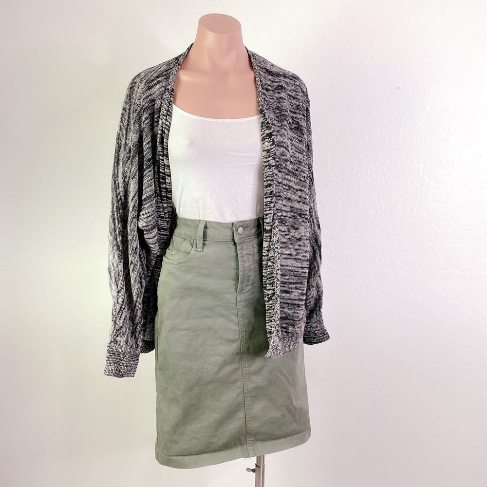 Eileen Fisher Open Front Marled Cardigan Sweater Organic Linen Gray Black Large
